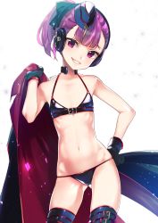 Rule 34 | 1girl, artist name, bikini, black bikini, black gloves, blunt bangs, bow, contrapposto, cowboy shot, dated, fate/grand order, fate (series), flat chest, garrison cap, gloves, gluteal fold, grin, hair bow, halterneck, hand on own hip, hand up, hat, headphones, helena blavatsky (fate), helena blavatsky (swimsuit archer) (fate), helena blavatsky (swimsuit archer) (third ascension) (fate), highres, jacket, jacket over shoulder, unworn jacket, koruri, looking at viewer, navel, parted lips, ponytail, purple eyes, purple hair, simple background, smile, solo, standing, string bikini, swimsuit, thighhighs, thighs, twitter username, white background