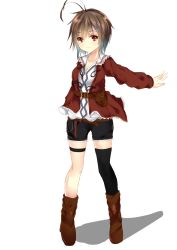 Rule 34 | 1girl, ahoge, anklet, asymmetrical legwear, belt, boots, brown footwear, brown hair, collarbone, full body, hair ornament, hairclip, jacket, jewelry, long sleeves, looking at viewer, mikage000, mikagemaru (mikage000), mismatched legwear, open clothes, open jacket, orange eyes, original, outstretched arm, red jacket, short hair, shorts, simple background, smile, solo, standing, white background