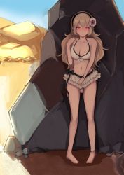 Rule 34 | 1girl, barefoot, bikini, black hairband, blue sky, breasts, cleavage, corrin (female) (fire emblem), corrin (female) (summer) (fire emblem), corrin (fire emblem), day, dildo, female masturbation, fire emblem, fire emblem fates, fire emblem heroes, flower, hair flower, hair ornament, hairband, highres, jtaka, large breasts, long hair, masturbation, nintendo, official alternate costume, outdoors, parted lips, pointy ears, red eyes, sex toy, sky, solo, stealth masturbation, swimsuit, white bikini, white hair