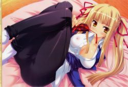 Rule 34 | 1girl, absurdres, bed, blonde hair, blunt bangs, blush, breasts, brown eyes, cleavage, covered erect nipples, crease, crossed legs, dengeki hime, embarrassed, gift, hair ribbon, highres, large breasts, legs up, lying, mouth hold, no bra, non-web source, official art, on back, open clothes, open shirt, pantyhose, ribbon, scan, see-through, shinozuka atsuto, shirt, socks, solo, tri-stars, victoria the king crimson, yellow eyes