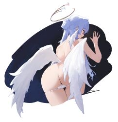 Rule 34 | 1girl, absurdres, angel wings, artist name, ass, back, bent over, black background, blue hair, closed mouth, commentary request, cropped legs, feathered wings, from behind, green eyes, hair over shoulder, half updo, halo, hand up, head wings, highres, honkai: star rail, honkai (series), light blue hair, long hair, looking at viewer, looking back, nude, panties, panty pull, robin (honkai: star rail), simple background, solo, standing, sukaliya, thigh gap, topless, underwear, white background, white panties, white wings, wings
