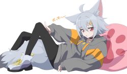 1girl animal_ears between_legs black_choker black_pantyhose choker expressionless fang fox_ears fox_girl fox_tail full_body grey_footwear grey_hair grey_hoodie highres hood hood_down hoodie long_sleeves looking_at_viewer lying minowa_sukyaru on_back original pantyhose parted_lips paw_print pillow red_eyes short_hair simple_background sleeves_past_wrists tail tail_between_legs white_background