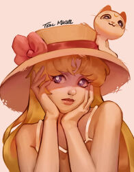 Rule 34 | 1girl, absurdres, aino minako, animal ears, artemis (sailor moon), bare shoulders, bishoujo senshi sailor moon, blonde hair, blue eyes, bow, cat, cat ears, cat tail, hat, highres, lips, red bow, sleeveless, tail, teal mussel, white cat, white fur