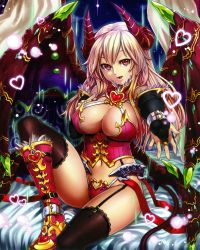 Rule 34 | 1girl, :d, absurdres, black thighhighs, boots, breasts, character request, cleavage, demon tail, demon wings, garter straps, heart, highres, horns, houtengeki, jewelry, large breasts, lots of jewelry, navel, open mouth, pink eyes, pink hair, scan, scan artifacts, shinma x keishou! ragnabreak, sitting, smile, solo, tail, thighhighs, wings