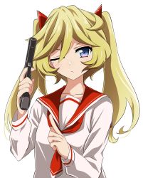 Rule 34 | 1girl, alternate hairstyle, blonde hair, blue eyes, blush, breasts, closed mouth, collarbone, cosplay, dress, elfnein, finger on trigger, gun, hidan no aria, highres, kanzaki h. aria, looking at viewer, mole, mole under eye, one eye closed, sailor dress, senki zesshou symphogear, shiny skin, short hair, simple background, small breasts, solo, tanashi (mk2), twintails, upper body, weapon, white background
