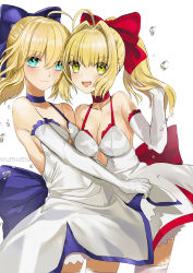 Rule 34 | 2girls, :d, ahoge, artist name, artoria pendragon (all), artoria pendragon (fate), blonde hair, blue bow, blue eyes, bow, breasts, bubble, choker, cleavage, collarbone, dress, elbow gloves, fate (series), floating hair, gloves, green eyes, hair between eyes, hair bow, high ponytail, highres, long hair, looking at viewer, medium breasts, multiple girls, nero claudius (fate), nero claudius (fate) (all), nero claudius (fate/extra), official alternate costume, official alternate hairstyle, open mouth, red bow, saber (fate), saber (pure night dress) (fate), sideboob, simple background, sleeveless, sleeveless dress, smile, thighhighs, white background, white dress, white gloves, white legwear, wumumu
