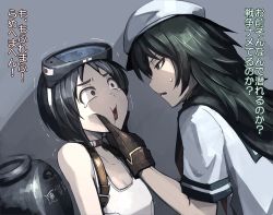 Rule 34 | 10s, 2girls, black hair, brown eyes, cheek squash, diving mask, diving mask on head, gloves, goggles, goggles on head, green eyes, hat, hetza (hellshock), kantai collection, kiso (kancolle), long hair, maru-yu (kancolle), multiple girls, one-piece swimsuit, open mouth, personification, scared, school swimsuit, school uniform, short hair, swimsuit, tears, translated, trembling, white one-piece swimsuit, white school swimsuit