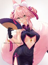 Rule 34 | 1girl, animal ears, bell, breasts, chinese clothes, cleavage cutout, clothing cutout, fate (series), glasses, gloves, hair bun, hand fan, large breasts, light blush, pink hair, smile, tail, tamamo (fate), uhhgaoh, yellow eyes