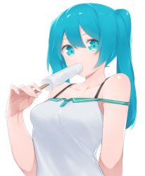 Rule 34 | 1girl, alternate costume, alternate hair length, alternate hairstyle, arm behind back, bare shoulders, blue eyes, blue hair, bra strap, breasts, collarbone, eating, fhang, food, hatsune miku, holding, holding food, long hair, looking at viewer, medium breasts, popsicle, simple background, solo, strap slip, twintails, upper body, vocaloid, white background