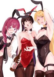 Rule 34 | 3girls, absurdres, ahoge, animal ears, beer bottle, black bow, black hair, black leotard, black nails, blonde hair, blush, bocchi the rock!, bottle, bow, breasts, brown pantyhose, brown thighhighs, cigarette, cleavage, collarbone, covered navel, dangle earrings, earrings, fake animal ears, forked tongue, green eyes, hair bow, highres, hiroi kikuri, holding, holding bottle, holding cigarette, ijichi seika, jacket, jewelry, large breasts, leotard, long hair, long sleeves, looking at viewer, medium hair, mole, mole on breast, multiple girls, open mouth, pa-san, pantyhose, playboy bunny, purple hair, rabbit ears, red eyes, red hair, red leotard, sharp teeth, simple background, small breasts, smile, sushizanmai (sorahaaoi7), teeth, thighband pantyhose, thighhighs, tongue, tongue out, upper teeth only, white background