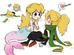 Rule 34 | 1girl, artist name, bandeau, blonde hair, bracelet, dual persona, earrings, highres, jewelry, kunai, leaf, long scarf, mario (series), mermaid peach, mimimi (mimimim9999), motoyui, navel, necklace, ninja, ninja peach, nintendo, official alternate costume, official alternate hairstyle, pearl earrings, pearl necklace, princess peach, princess peach: showtime!, scales, scarf, solo, sphere earrings, stomach, weapon