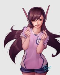 Rule 34 | 1girl, brown eyes, brown hair, commentary, d.va (overwatch), esports, facial mark, headphones, jersey, lips, long hair, looking at viewer, money gesture, overwatch, overwatch 1, parted lips, phrecklesart, short shorts, shorts, smile, solo, swept bangs, whisker markings