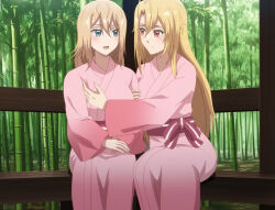 Rule 34 | 2girls, ahoge, angelica rapha redgrave, bamboo, bamboo forest, blonde hair, blue eyes, blush, breasts, dot nose, forest, hair between eyes, highres, holding, holding arms, japanese clothes, kimono, large breasts, looking at another, medium hair, multiple girls, nature, olivia (mobseka), open mouth, otome game sekai wa mob ni kibishii sekai desu, outdoors, red eyes, sash, screencap, sitting