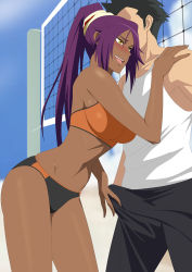 Rule 34 | 1boy, 1girl, bare arms, bare legs, bare shoulders, bleach, blue sky, blush, breasts, bulge, dark skin, day, erection, erection under clothes, faceless, highres, large breasts, legs, lime (purple haze), long hair, navel, open mouth, outdoors, penis grab, ponytail, purple hair, shihouin yoruichi, shirt, sky, sleeveless, smile, sports bra, standing, sun, thighs, volleyball net, white shirt, yellow eyes
