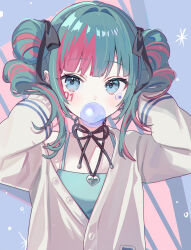Rule 34 | 1girl, :d, absurdres, aqua hair, bare shoulders, black ribbon, blue background, blue camisole, blue eyes, blush, body writing, blowing bubbles, camisole, cardigan, chewing gum, double bun, facepaint, hair bun, hair intakes, hair ribbon, hands in hair, hands up, hatsune miku, heart, heart pendant, highres, jacket, leo/need miku, long hair, long sleeves, looking at viewer, multicolored hair, neck ribbon, off shoulder, open mouth, partially unbuttoned, project sekai, red hair, ribbon, smile, solo, sticker on face, streaked hair, twintails, two-tone hair, upper body, vocaloid, vs0mr, zozotown