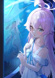 Rule 34 | 1girl, absurdres, ahoge, aquarium, blue archive, blue eyes, blush, breasts, cleavage, collarbone, dress, fang, hair between eyes, halo, heterochromia, highres, hoshino (blue archive), jewelry, kuroliu 9021, long hair, open mouth, pink hair, pink halo, reflection, ring, skin fang, small breasts, solo, white dress, yellow eyes