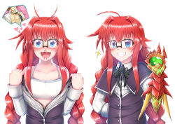 Rule 34 | 1boy, 1girl, ahoge, ahoge wag, alternate breast size, alternate hairstyle, alternate universe, arkfield, blood, blouse, blush, boosted gear, bra, braid, braided ponytail, cape, expressive hair, female pervert, flat chest, gauntlets, glasses, grin, heart, high school dxd, hyoudou issei, jewelry, necklace, nosebleed, open clothes, open mouth, open shirt, out of character, pectorals, pervert, red hair, rias gremory, role reversal, runes, school uniform, shirt, single braid, smile, smug, teeth, training bra, twintails, underwear, undressing