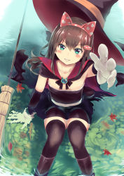 Rule 34 | &gt;:), 1girl, animal ears, arm support, black cape, black dress, black footwear, black gloves, black hat, black thighhighs, blush, boots, breasts, brooch, broom, brown hair, cape, cat ears, collarbone, commentary request, culter, dress, fake animal ears, feet out of frame, fish, foreshortening, from above, gloves, green eyes, grin, hair between eyes, hat, head tilt, heart, heart print, highres, jewelry, leaf, long hair, looking at viewer, original, reaching, reaching towards viewer, ripples, sash, sitting, small breasts, smile, solo, strapless, strapless dress, thighhighs, v-shaped eyebrows, water, white gloves, white sash, witch hat, zettai ryouiki