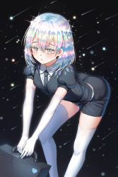 Rule 34 | androgynous, blouse, collared shirt, diamond (houseki no kuni), elbow gloves, gender request, gloves, houseki no kuni, multicolored hair, necktie, roang, shirt, short hair, short sleeves, shorts, sky, solo, sparkle, star (sky), starry sky, suitcase, thighhighs, white gloves, white shirt, white thighhighs