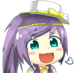 Rule 34 | 1girl, :3, bad id, bad pixiv id, blue eyes, blush, bow, bowtie, fang, gyate gyate, hat, hat bow, kanchigai, laughing, long hair, open mouth, ponytail, portrait, purple hair, puzzle &amp; dragons, ruka (p&amp;d), simple background, smile, solo, top hat, white background, white hat, yellow bow