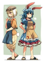 Rule 34 | +++, 2girls, animal ears, apron, bandana, blonde hair, bloomers, blue dress, blue hair, blush, brown hat, circle, collarbone, commentary request, crescent, dress, flat cap, floppy ears, frills, full body, hair between eyes, hands on own hips, hat, highres, multiple girls, orange shirt, pants, rabbit ears, rabbit tail, red eyes, ringo (touhou), sandals, see-through, seiran (touhou), shirt, short hair, short sleeves, shorts, simple background, smile, star (symbol), tail, touhou, underwear, yellow pants, yudepii