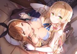 Rule 34 | 2girls, atelier (series), atelier ryza, atelier ryza 1, baakurou, bare shoulders, blonde hair, blush, braid, breast press, breasts, brown eyes, brown hair, cleavage, commentary, gloves, green eyes, hair ornament, hairband, hairclip, hat, highres, interlocked fingers, jewelry, klaudia valentz, large breasts, long hair, looking at viewer, multiple girls, necklace, open mouth, pantyhose, red shorts, reisalin stout, short hair, short shorts, shorts, skindentation, smile, star (symbol), thighhighs, white headwear, yuri