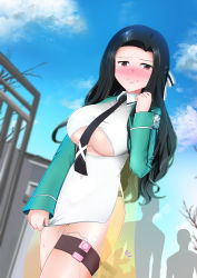 Rule 34 | 1girl, alternate breast size, black hair, black necktie, black panties, blue sky, blurry, blurry background, blush, breasts, clenched hand, clenched teeth, cloud, collared dress, controller, covered navel, cropped jacket, day, dress, dress tug, dutch angle, embarrassed, female focus, forehead, green jacket, hair ribbon, half-closed eyes, hand up, highres, jacket, kagitsume, long hair, long sleeves, looking at viewer, mahouka koukou no rettousei, necktie, nose blush, open clothes, open jacket, outdoors, panties, people, public indecency, pussy juice, red eyes, remote control, remote control vibrator, ribbon, saegusa mayumi, see-through, sex toy, shiny skin, short dress, side slit, sidelocks, silhouette, sky, solo focus, standing, striped ribbon, sweat, teeth, thigh strap, underboob, underwear, vibrator, vibrator cord, vibrator under clothes, walking, white dress, white ribbon