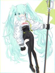 Rule 34 | 1girl, aqua hair, asymmetrical bodysuit, black bodysuit, black gloves, black thighhighs, blush, bodysuit, flag, flagpole, full body, gloves, goodsmile racing, hatsune miku, highres, holding, holding flag, jacket, long hair, long sleeves, looking at viewer, outside border, parted lips, race queen, racing miku, racing miku (2022), reitoubeef, simple background, single thighhigh, sketch, solo, thighhighs, twintails, very long hair, vocaloid, white jacket