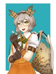 Rule 34 | 1girl, absurdres, akioair, athena nightingale, bow, bowtie, collared shirt, feathers, fingerless gloves, glasses, gloves, grey hair, hairband, highres, mechanical wings, owl girl, puffy short sleeves, puffy sleeves, semi-rimless eyewear, shirt, short sleeves, skirt, solo, suspender skirt, suspenders, turtatoart, virtual youtuber, wings, yellow eyes
