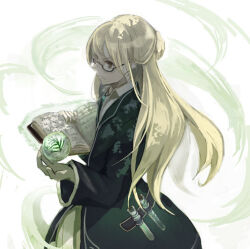 Rule 34 | 1girl, blonde hair, book, collared shirt, fantasy, glasses, long hair, lowres, magic, open book, orb, original, shirt, simple background, solo, test tube, touchika, very long hair, white background