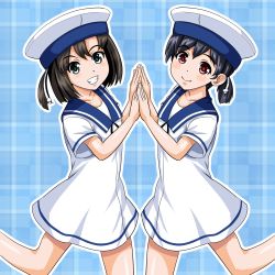 Rule 34 | 2girls, black eyes, black hair, blue background, blue eyes, blue sailor collar, bob cut, commentary request, cowboy shot, daitou (kancolle), dress, grin, hat, hiburi (kancolle), holding hands, kantai collection, looking at viewer, low ponytail, multiple girls, plaid, plaid background, ponytail, red eyes, sailor collar, sailor dress, sailor hat, short hair, smile, standing, standing on one leg, tk8d32, white dress, white headwear