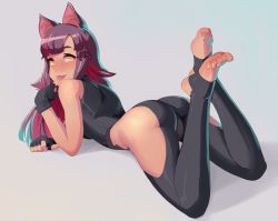 Rule 34 | 1girl, animal ears, aqua hair, ass, barefoot, bat hair ornament, black gloves, blush, borrowed character, breasts, c-string, cat ears, commentary, english commentary, fangs, feet, feet up, finger to mouth, freckles, full body, gloves, hair ornament, hairclip, highres, hip vent, impossible clothes, impossible pants, legs up, long hair, looking at viewer, lying, multicolored hair, no panties, on stomach, original, pink hair, purple hair, sleeveless, small breasts, solo, squeezable (squeezabledraws), stirrup legwear, strapless bottom, the pose, toeless legwear, toes, yellow eyes