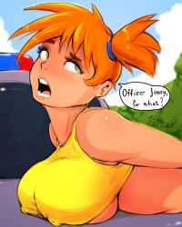 Rule 34 | 1girl, absurdres, aleksandrgav, asymmetrical hair, breasts, covered erect nipples, creatures (company), game freak, green eyes, gym leader, hair tie, highres, large breasts, legs, looking at another, misty (pokemon), nintendo, orange hair, pokemon, pokemon (anime), pokemon (classic anime), ponytail, shirt, short ponytail, side ponytail, simple background, solo, underboob, yellow shirt