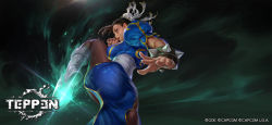 Rule 34 | 1girl, ass, black hair, boots, bracelet, breasts, bun cover, capcom, chinese clothes, chun-li, copyright name, copyright notice, dark background, fighting stance, glowing, highres, jeremy chong, jewelry, looking at viewer, official art, pantyhose, solo, spiked bracelet, spikes, street fighter, teppen, white footwear