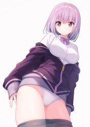 Rule 34 | 1girl, bow, bow panties, breasts, closed mouth, clothes pull, collared shirt, commentary, commission, crotch seam, dress shirt, grey background, grey pantyhose, gridman universe, groin, hair between eyes, highres, jacket, looking at viewer, medium breasts, no pants, off shoulder, panties, pantyhose, pantyhose pull, pink bow, pink hair, pixiv commission, purple jacket, red eyes, sacraneco, shinjou akane, shirt, simple background, solo, ssss.gridman, symbol-only commentary, underwear, white panties, white shirt