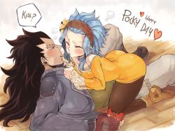 Rule 34 | 1boy, 1girl, ass, bent over, blue hair, blush, couple, closed eyes, fairy tail, flower, food, gajeel redfox, hair flower, hair ornament, headband, hip focus, levy mcgarden, pantyhose, piercing, pocky, pocky day, pocky kiss, rusky, shared food, spiked hair, thick thighs, thighs, wide hips