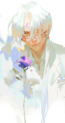 Rule 34 | 1boy, bespectacled, closed mouth, contemporary, crescent, facial mark, flower, forehead mark, formal, fur, glasses, hair over one eye, hair over shoulder, highres, inuyasha, long hair, looking at viewer, low ponytail, male focus, parted bangs, pointy ears, ponytail, purple flower, qiuyanga, sesshoumaru, simple background, solo, suit, white background, white hair, yellow eyes
