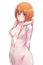 Rule 34 | 10s, 1girl, :3, arms behind back, babu, blue eyes, blush, breasts, brown hair, closed mouth, collarbone, eyebrows, flying witch, hair between eyes, hood, hooded jacket, inukai (flying witch), jacket, looking at viewer, short hair, simple background, solo, unzipped, white background