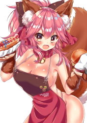 Rule 34 | 1girl, animal ear fluff, animal ears, animal hands, apron, bad id, bad pixiv id, bare shoulders, bell, black bow, blush, bow, breasts, burger, cat paws, cleavage, collar, commentary request, cowboy shot, fangs, fate/extra, fate/grand order, fate (series), food, fox ears, fox girl, fox tail, gloves, hair between eyes, highres, holding, holding food, honoka chiffon, hot dog, looking at viewer, medium breasts, naked apron, neck bell, open mouth, paw gloves, pink apron, pink hair, ponytail, red collar, simple background, smile, solo, tail, tail raised, tamamo (fate), tamamo cat (fate), unlimited burger works, white background, yellow eyes