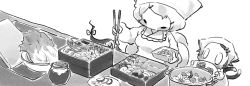 Rule 34 | 3girls, animal ears, cat ears, cat tail, chen, chibi, cooking, food, fox tail, gap (touhou), greyscale, kawanabe, monochrome, multiple girls, multiple tails, bento, tail, touhou, vegetable, yakumo ran, yakumo yukari