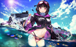 Rule 34 | 1girl, bikini, bikini bottom only, black bikini, black gloves, black hair, black jacket, blue sky, blush, breasts, day, fate/grand order, fate (series), gloves, goggles, goggles on head, gun, highres, jacket, large breasts, lens flare, long hair, long sleeves, looking at viewer, navel, ocean, open clothes, open mouth, osakabehime (fate), osakabehime (swimsuit archer) (fate), purple eyes, ski goggles, sky, smile, solo, sunlight, swimsuit, tetsubuta, thighs, twintails, very long hair, wading, weapon