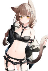 Rule 34 | 1girl, animal ears, arm strap, bare shoulders, belt, between breasts, black bra, black jacket, black panties, bra, braid, breasts, brown hair, cat ears, cat girl, cat tail, collarbone, cowboy shot, frilled panties, frills, frown, hair ornament, hairclip, halterneck, hand up, harness, highleg, highleg panties, highres, holding tail, jacket, lace, lace-trimmed bra, lace trim, long hair, long sleeves, looking at viewer, medium breasts, multi-strapped panties, navel, off shoulder, open clothes, open jacket, original, panties, simple background, solo, stomach, strap, string bra, string panties, tail, tail raised, thighs, twin braids, twintails, underwear, white background, yellow eyes, yon (letter)