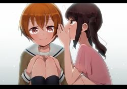 Rule 34 | 10s, 2girls, akari (bang dream!), bang dream!, brown eyes, brown hair, commentary request, fang, hanasakigawa school uniform, hand on own knee, hand to own mouth, harusawa, kitazawa hagumi, knees up, letterboxed, long sleeves, multiple girls, orange hair, pink shirt, sailor collar, school uniform, shirt, short hair, short sleeves, smile, twintails, whispering, white sailor collar