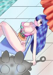 Rule 34 | 1girl, bikini, bikini bottom only, blue hair, breasts, buoy, chair, cleavage, large breasts, long hair, looking at viewer, mask, mouth mask, multicolored hair, navel, one piece, pink eyes, pool, print shirt, revealing clothes, reverse outfit, shirt, sorambk, swimsuit, thighhighs, thighs, ulti (one piece), veranda, water, weapon