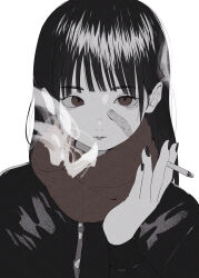 Rule 34 | 1girl, absurdres, bandaid, bandaid on face, black hair, blunt bangs, cigarette, highres, holding, holding cigarette, jacket, kei (a key kuuuun), long hair, long sleeves, looking to the side, mole, mole under eye, muted color, nail polish, original, parted lips, red eyes, scarf, smoke, smoking, solo, upper body, white background