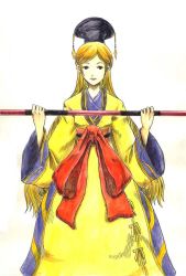 Rule 34 | 1girl, black eyes, blonde hair, bow, breasts, expressionless, final fantasy, final fantasy tactics, hat, holding, holding weapon, lips, long hair, long sleeves, mystic (fft), polearm, red bow, robe, sash, simple background, solo, standing, tassel, weapon, white background, wide sleeves, yamako (yamako1125)