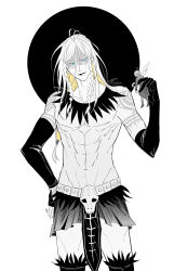 Rule 34 | 2boys, abs, angel wings, animal skull, arm tattoo, aztec, bare pectorals, black coat, black gloves, black lips, black moon, blonde hair, blue eyes, braid, coat, collarbone, cowboy shot, daybit sem void, elbow gloves, facepaint, fate/grand order, fate (series), gloves, halo, hand on own hip, highres, jewelry, long hair, looking at another, male focus, mini person, miniboy, moon, multiple boys, navel, necklace, partially colored, pectorals, shoulder tattoo, smile, sssc ni, tattoo, tezcatlipoca (fate), tezcatlipoca (third ascension) (fate), topless male, traditional clothes, trench coat, twin braids, white background, wings
