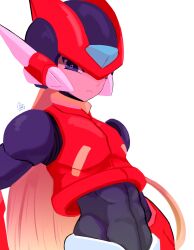Rule 34 | 1boy, abs, absurdres, armor, black bodysuit, black eyes, bodysuit, crop top, crotch plate, forehead jewel, helmet, highres, lessgalaxy, looking at viewer, male focus, mega man (series), mega man zero (series), red headwear, red shirt, shirt, signature, simple background, solo, upper body, white background, zero(z) (mega man), zero (mega man)
