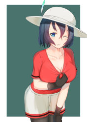Rule 34 | 10s, 1girl, bad id, bad pixiv id, black gloves, black hair, black pantyhose, blue eyes, blush, breasts, cleavage, clothes pull, collarbone, cowboy shot, gloves, hair between eyes, hat, hat feather, highres, kaban (kemono friends), kaname (melaninusa09), kemono friends, large breasts, leaning forward, light smile, looking at viewer, one eye closed, pantyhose, parted lips, red shirt, shirt, shirt pull, short hair, short sleeves, shorts, solo, white hat, white shorts