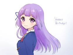 Rule 34 | 1girl, aikatsu!, aikatsu! (series), bad id, bad pixiv id, blue jacket, blush, breasts, closed mouth, commentary request, gradient background, grey background, hair ribbon, happy birthday, hikami sumire, jacket, long hair, looking at viewer, looking to the side, nuno (pppompon), purple eyes, purple hair, purple ribbon, ribbon, school uniform, small breasts, smile, solo, starlight academy school uniform, upper body, very long hair, white background